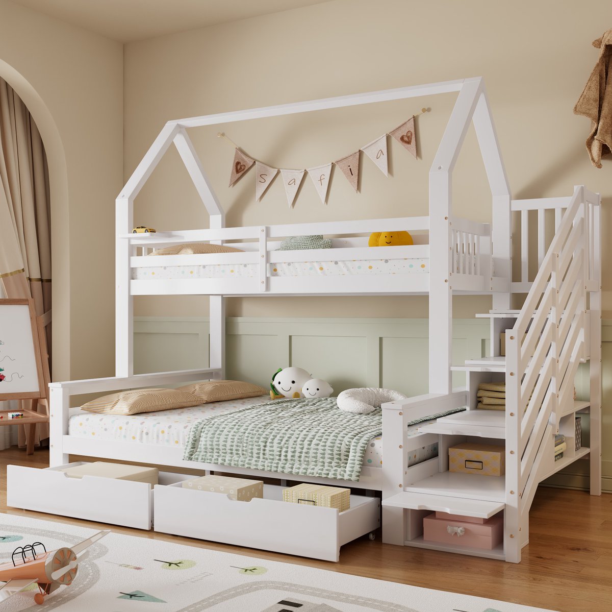 MEUNIQ Kinder stapelbed 90x200 cm en 140x200 cm met trapkast, 2 lades op wielen, veiligheidsleuning en dakframe voor kinderkamer, wit