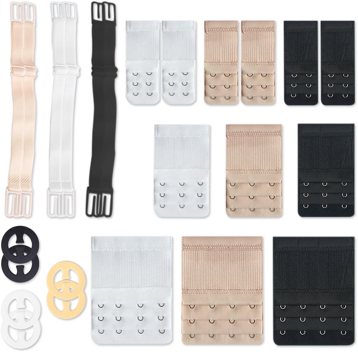 Dailygoods- BH Verlenging 24 Stuks - BH Verlenging met 2/3/4 Haken - Elastische Verlenger - Antislipgespen - Shirtverlengingen - Voor Dames - Beha Verlenger