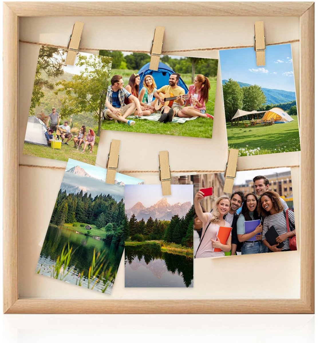 Dailygoods - Fotocollage, 3D-fotolijst om te vullen, hout, boho, fotocollage, 32 x 32 cm, fotowand met klemmen, koord voor creatieve doe-het-zelf foto-vormgeving