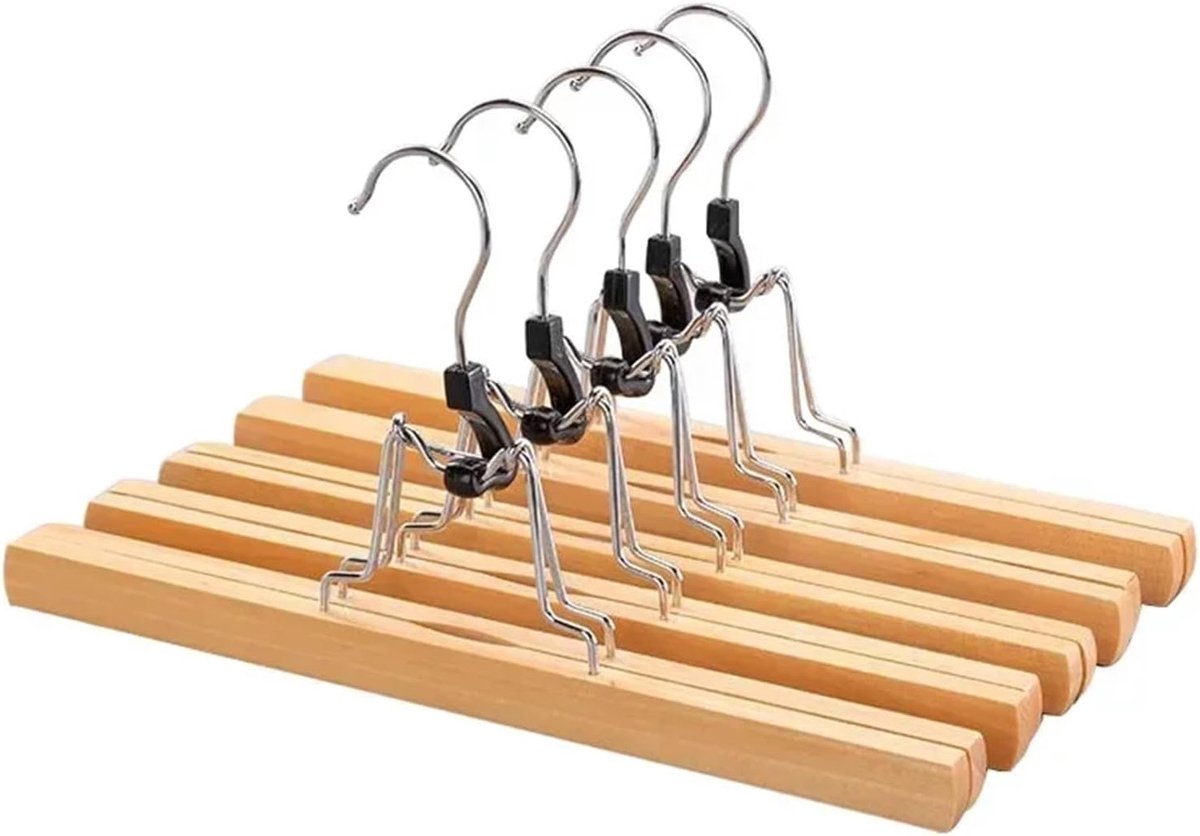 Houten Broekhangers - Antislip Clips - Kleding Opbergen - Set van 5 - Niet van toepassing - Natuurlijk Hout