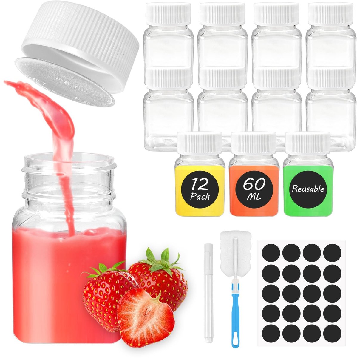 Dailygoods- Shotflessen 60 ml/100 ml - Kleine Flesjes - Plastic Flesjes - Herbruikbaar - Lekvrij - 12 Stuks met Stickers