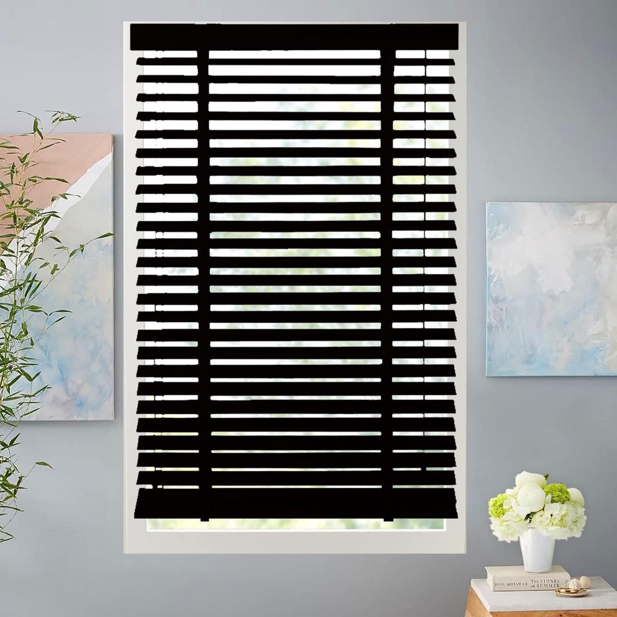 Houten jaloezieën - Horizontale raambekleding - Privacy en zonwering - Massief houten lamellen - 50 mm lamelbreedte - Zwart