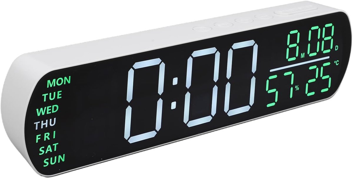 Digitale Wekker - LED Klok Bureauklok - Tijd Weergeven - Groot Display Datum Temperatuur - 26.5 cm - Wit