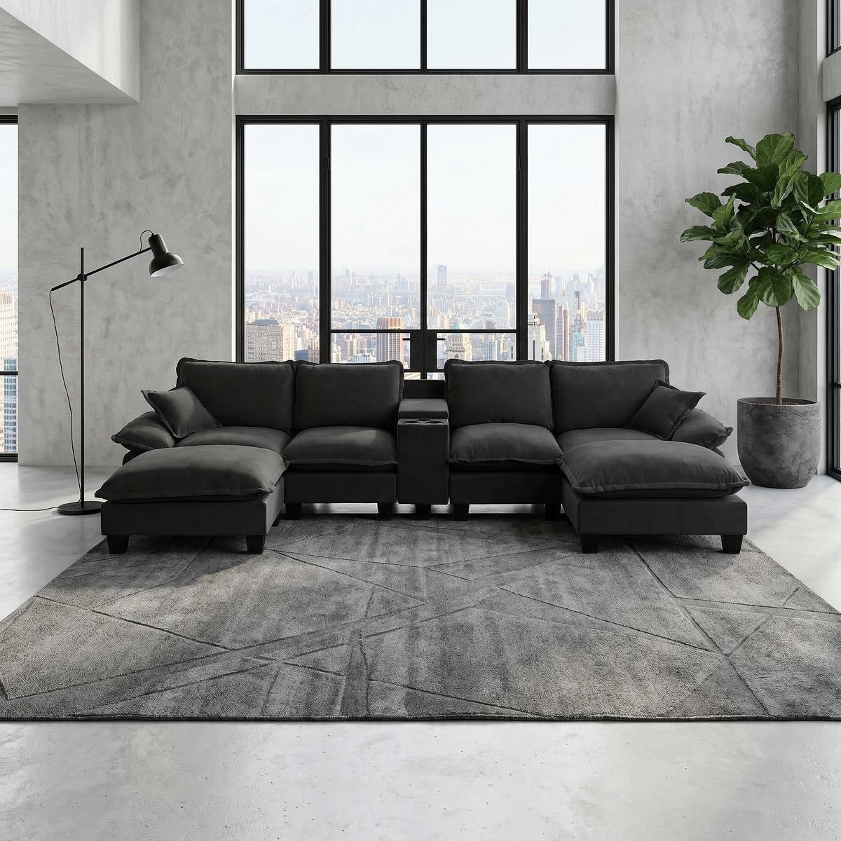 MIVRAY U-Bank 362x151x90 cm - Met USB, Opbergruimte En Bekerhouders - Voor Woonkamer En Appartement - Chenille Zwart