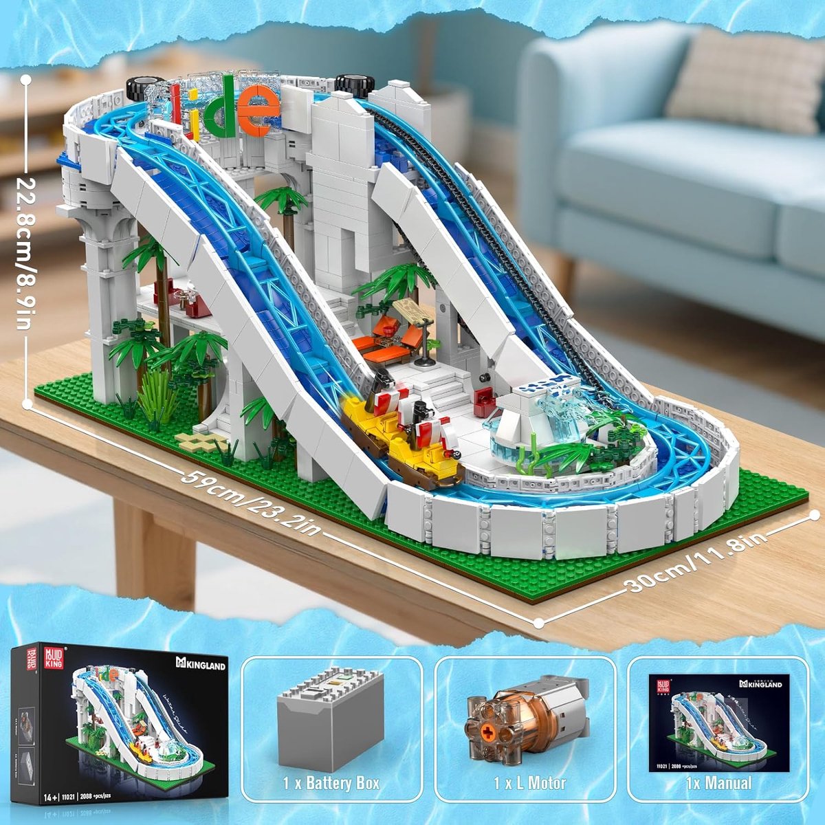 Mould King 11021 Waterglijbaan attractie bouwset | Kermis architecture ideas modelbouw | Technisch creator classic speelgoed bouwpakketten voor volwassenen & kinderen | Expert icons muziekdoos | Motor niet geschikt voor Lego technic | 2088 bouwstenen — afbeelding 7