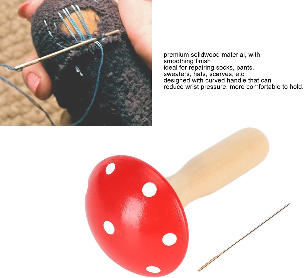 Dailygoods- Darning Paddestoel Stevig - Houten Stoppaddenstoel - Gebogen Handvat - Afneembaar - Multidoel - Hoogwaardig Massief Hout