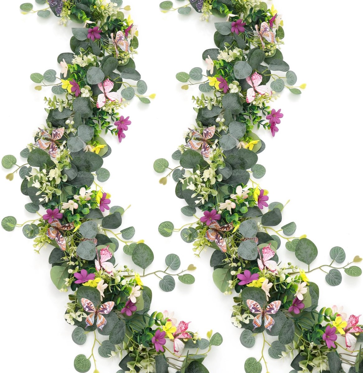 Dailygoods- Bloemenslinger Kunstmatig 1.73m - Eucalyptus Slinger - 3D Vlinder - Nep Bloemen - Handgemaakt - Duurzaam Gebruik - Decoratieslinger