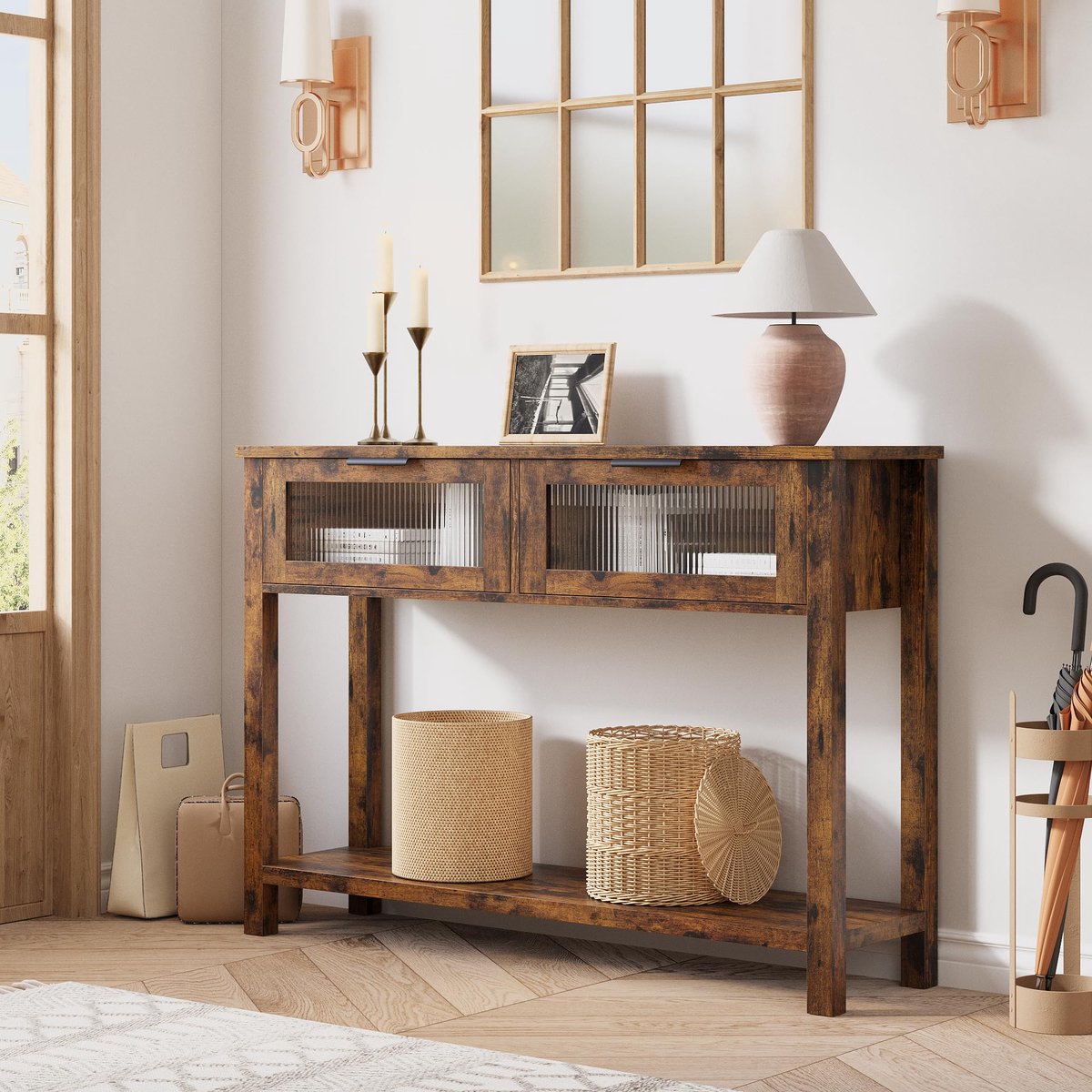 Consoletafel - 110x30x80cm - Bijzettafel met 2 Glazen Lades - 2 Lagen met Opbergruimte - voor Hal of Woonkamer - Bruin