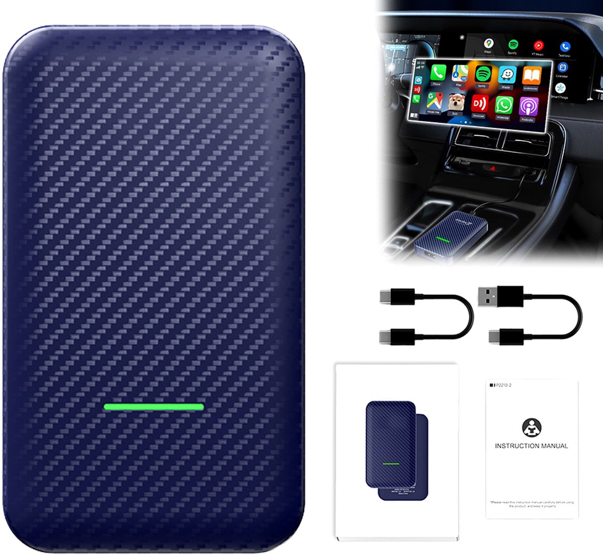 Draadloze auto-adapter - Draadloze USB-adapter - Ondersteunt Android Auto en CarPlay Bluetooth - Neutrale carbonvezelafwerking - Zet bedraad CarPlay en Android Auto eenvoudig om naar draadloos