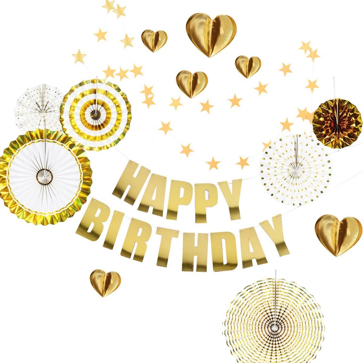 Dailygoods- Verjaardagsfeestdecoratieset Goud - Happy Birthday-Banner - 3D Papieren Waaiers - Sterren/Hart Banner - Slingers - Decoratieve Achtergrond - Feestdecoratie