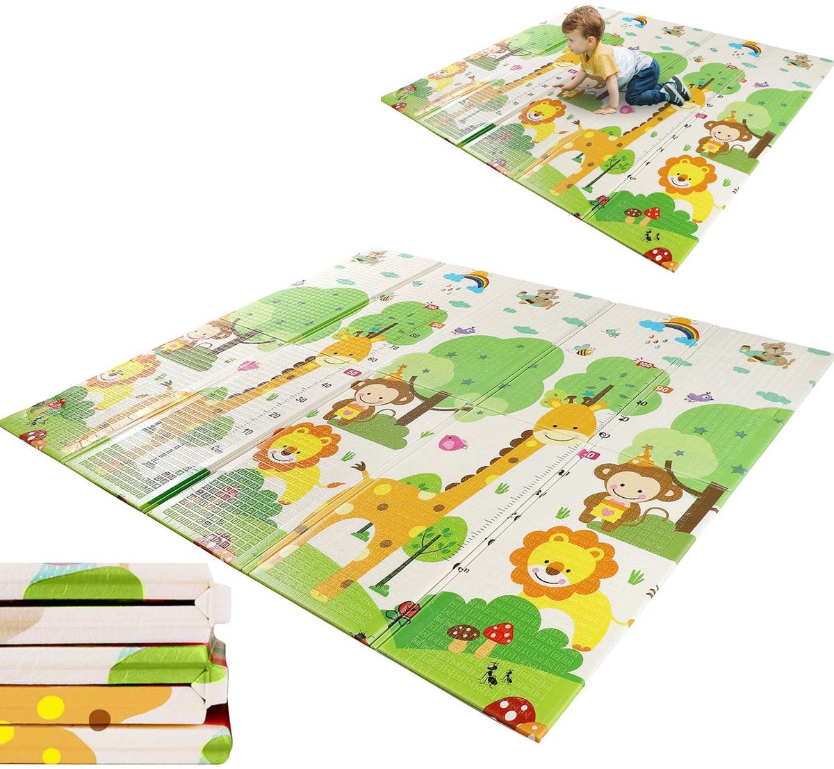 Baby Speelmat XPE Opvouwbaar-Dikke Kruipmat voor Baby’s-200×180×1cm-Non Slip Speelmat met Draagtas-Ontwikkelingsmat voor Kinderen-Regenboog Hert Design