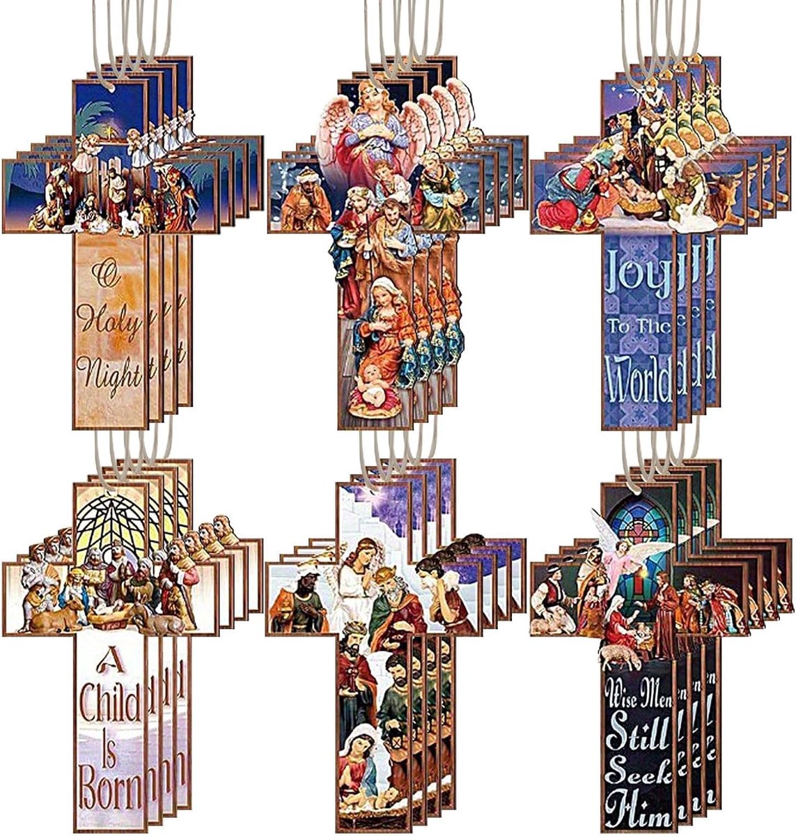 Kerststal decoraties - Houten ornamenten - Kerstboom versieren - Set van 24 stuks - 8 x 5 cm - Multicolor