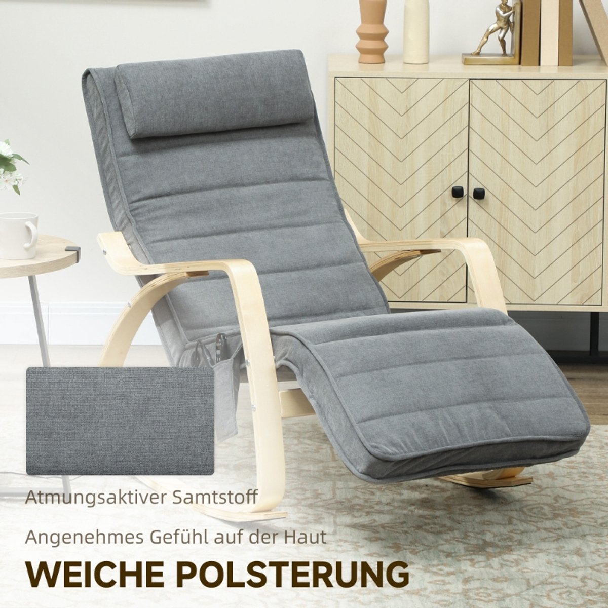 Schommelstoel - Relaxfauteuil Met Massage En Lendenverwarming - Verstelbare Voetensteun - Voor Woonkamer En Leeshoek - Stof Grijs – foto 5