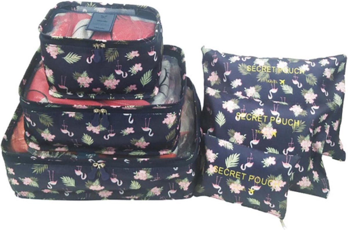 Reisorganisator Opbergzakken - Bagage Organizer Set - Kleding Opbergen - Waterdicht Nylon Materiaal - 6 Stuks - Bruin Marineblauw