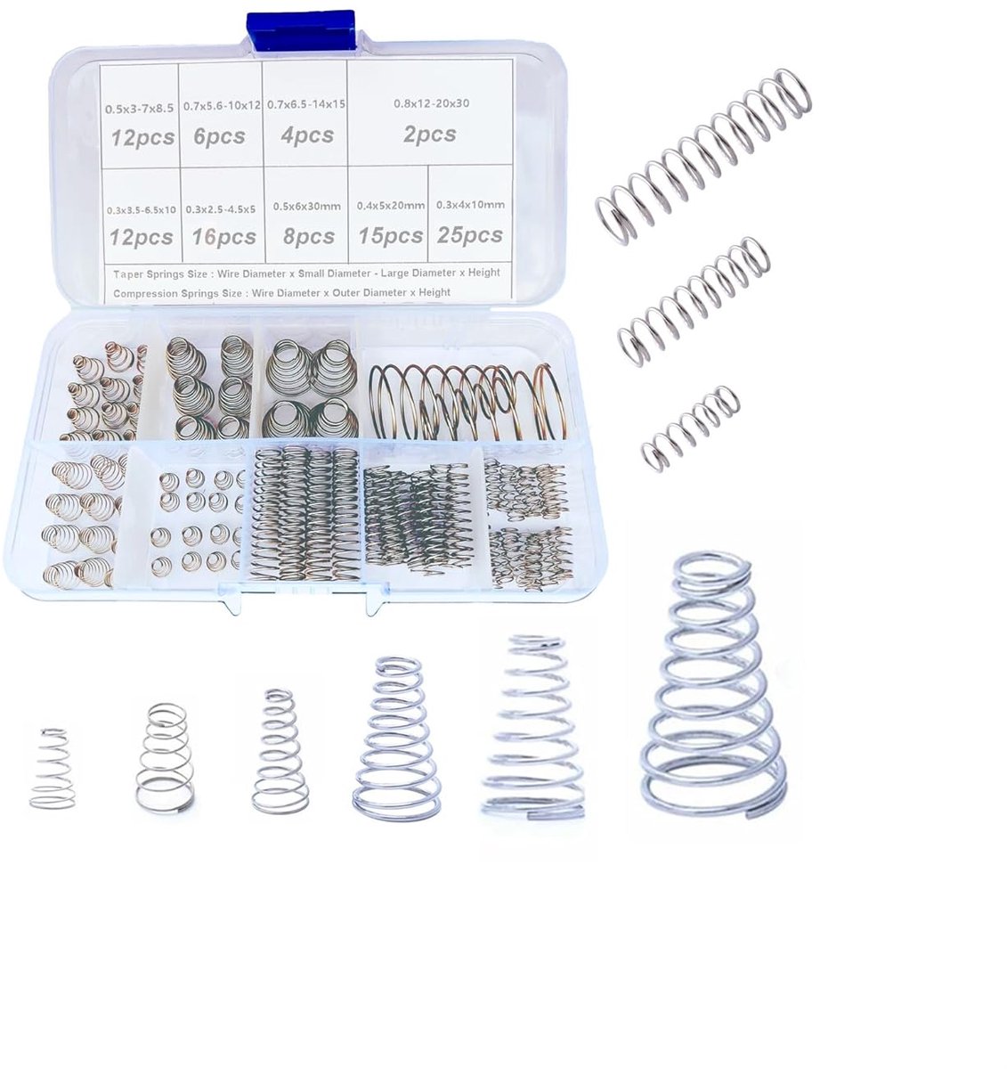 Metalen veren 100 stuks Compressie Conische Veren Assortiment Set, 10 Verschillende Maten Gecomprimeerde Torenveren Geassorteerd, Kegelveer Draad Diameter 0,3-0,8mm