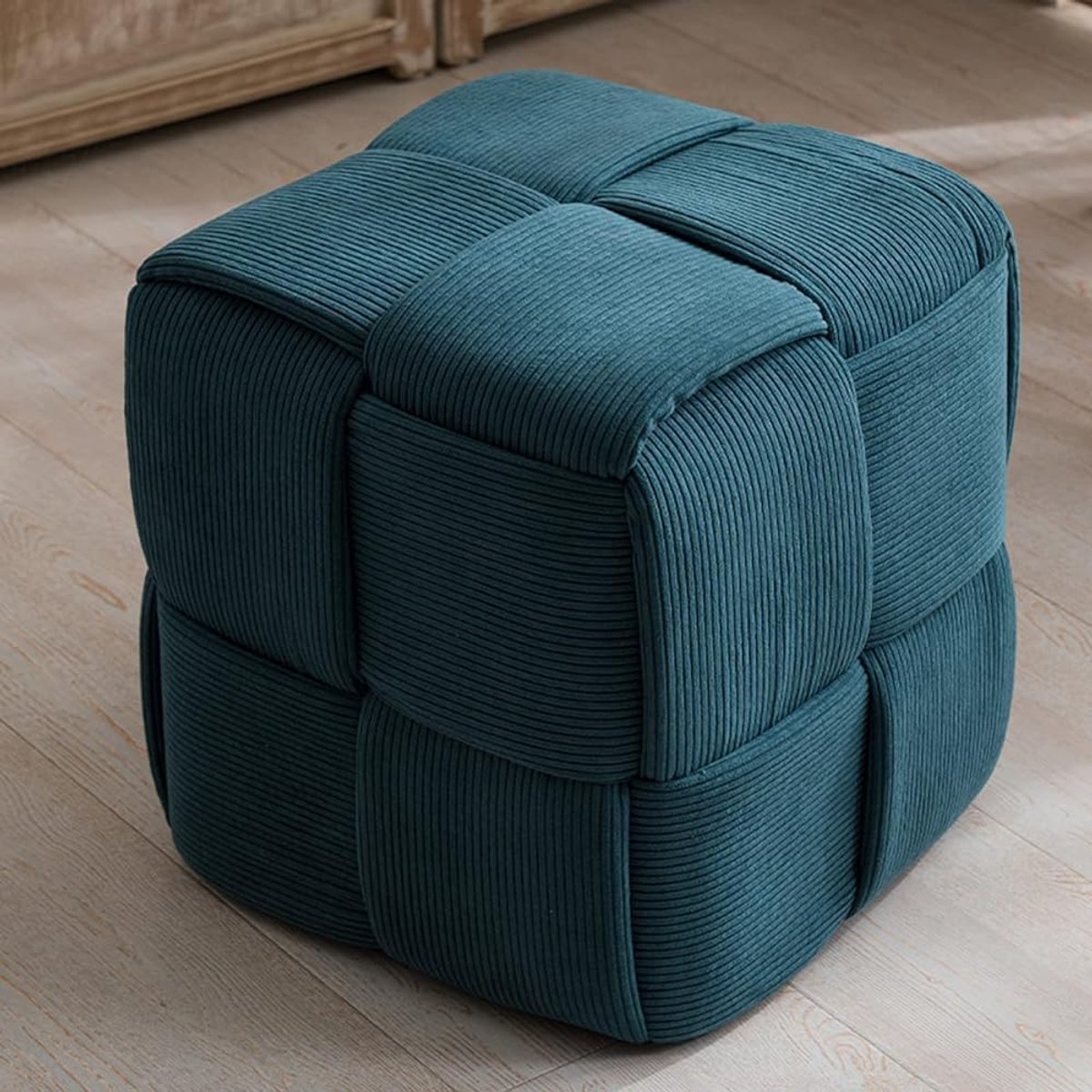 Fluwelen Kubus Poef - Voetsteun Kruk - Extra Zitplaats - Geweven Design - 38x38x38 cm - Blauw