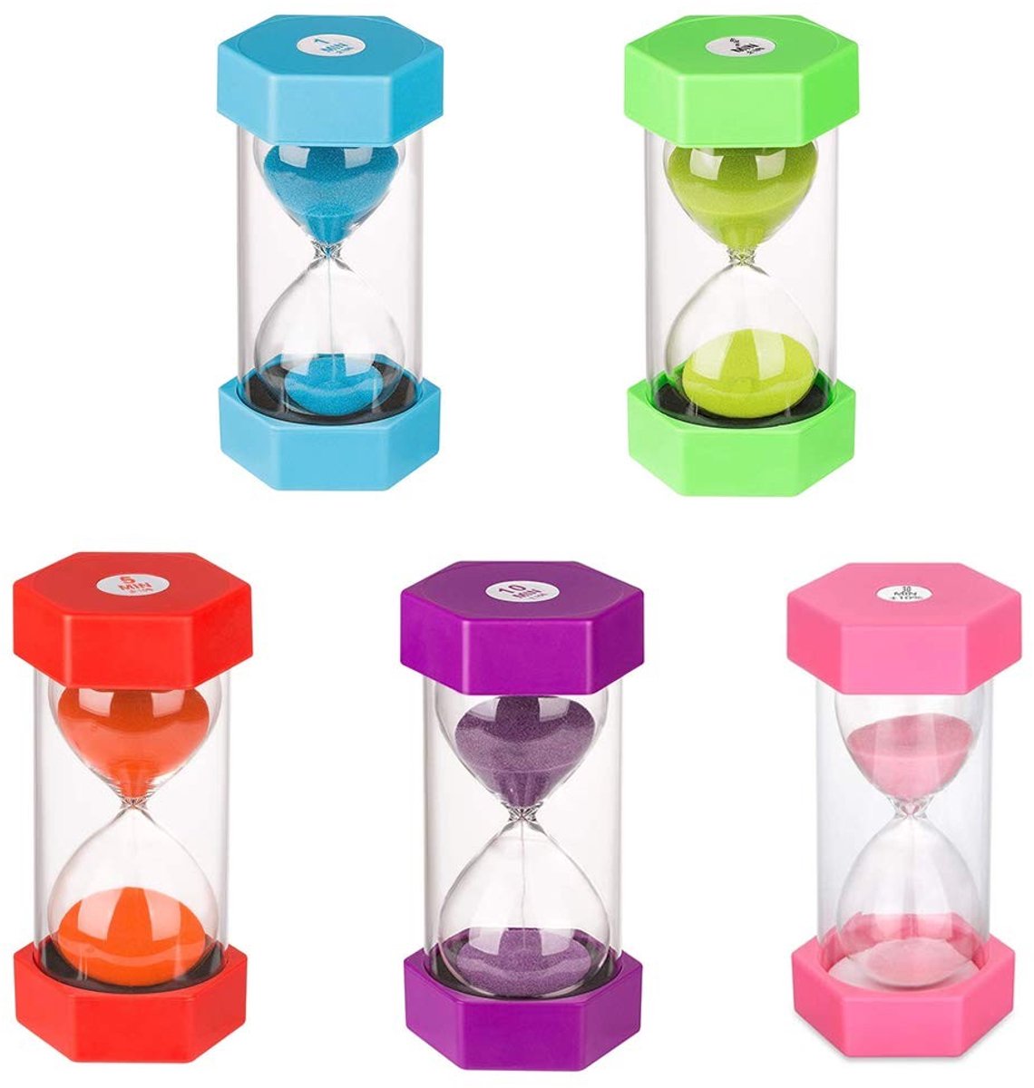 Dailygoods- Zandloper Set 5 Stuks - Kleurige Timer 1/3/5/10/30 Minuten - Tandenpoetsen - Leren - Efficiëntie Verbeteren