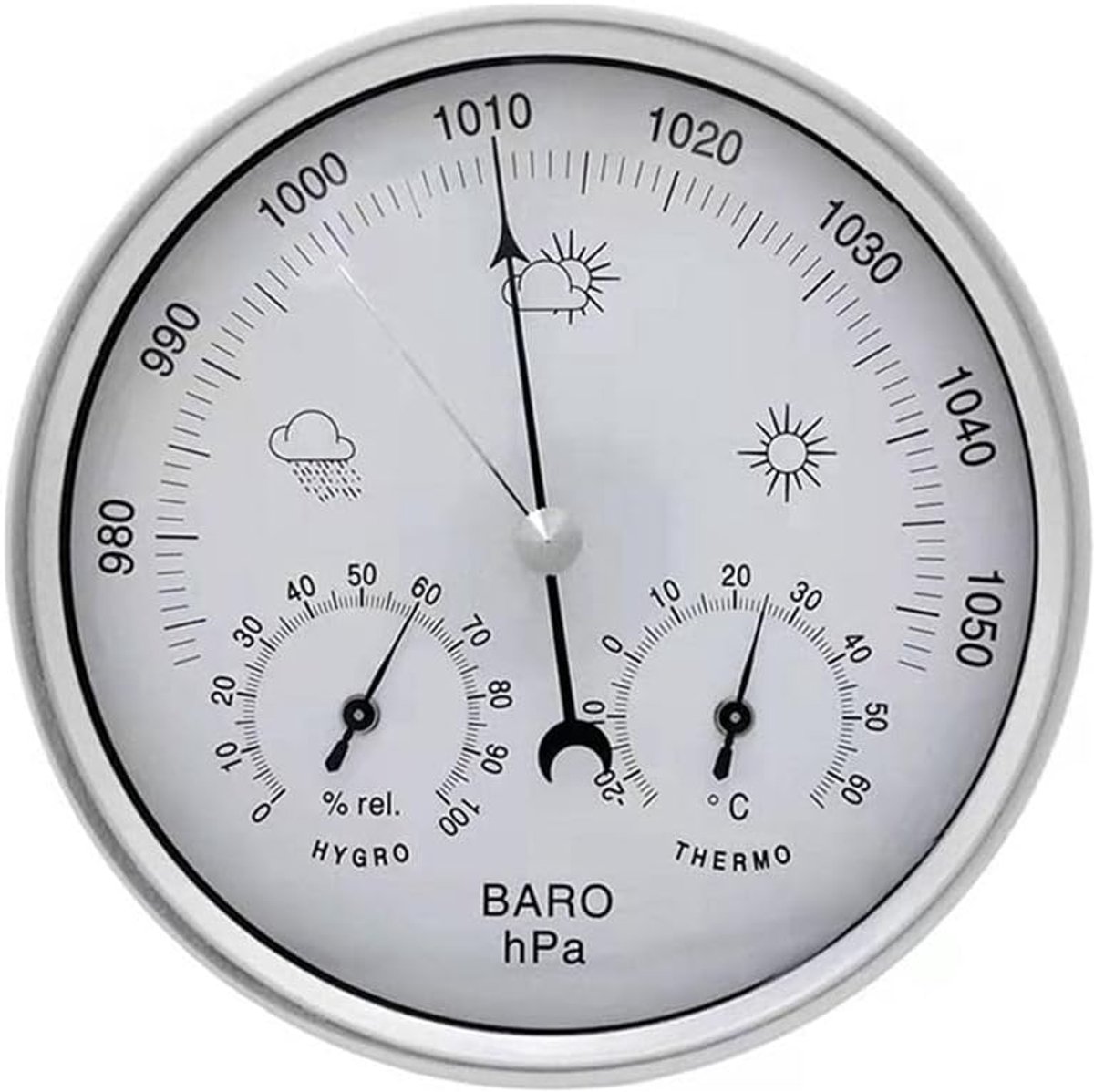 Weerstation Barometer - Weerinstrument Hygrometer - Weersvoorspelling Thuis - Drie-in-één Functie - 12 Cm Diameter - Zilverkleurig