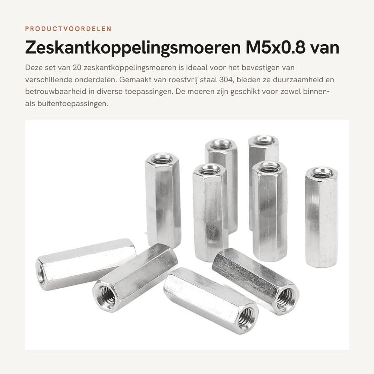 Dailygoods- Koppelingsmoer Zeskant M5x0.8 L25mm - 20 Stuks - Roestvrij Staal 304 - Draadstangconnectoren - Voor Binnen/Buiten - Geschikt voor Bevestiging - Moeren