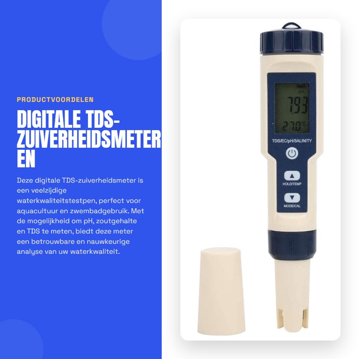 Dailygoods- TDS-zuiverheidsmeter 5-in-1 - Waterkwaliteitstester - Zoutgehalte-analysator - pH/EC-temperatuur - Draagbaar - Nauwkeurigheid ±2%