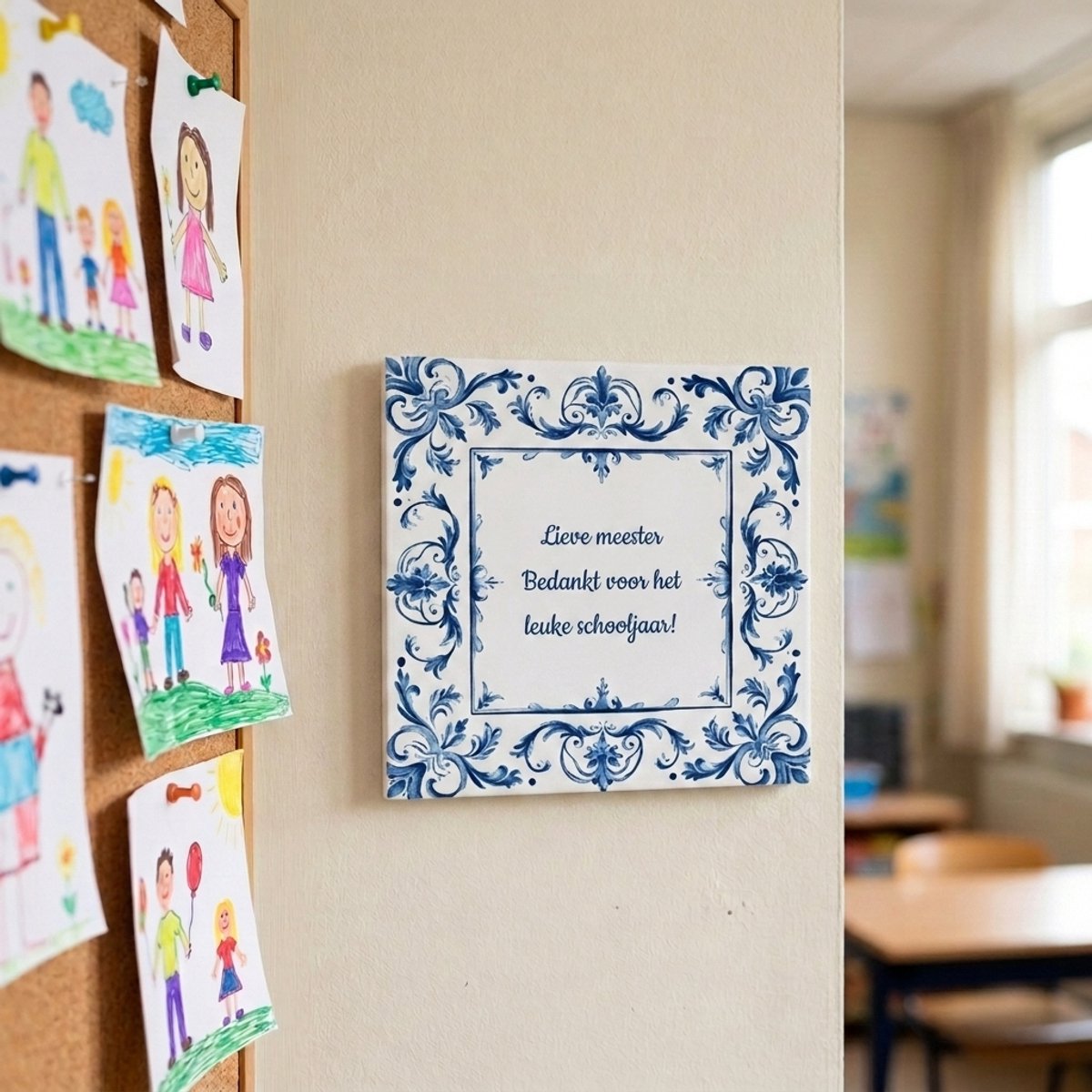 Fotofabriek Tegeltje met tekst | Bedankt Meester | Delfts Blauw | Bedankt cadeautje | Matte afwerking | Inclusief gratis ophangsysteem | 15 x 15 cm | Fotofabriek Wit, Delftsblauw