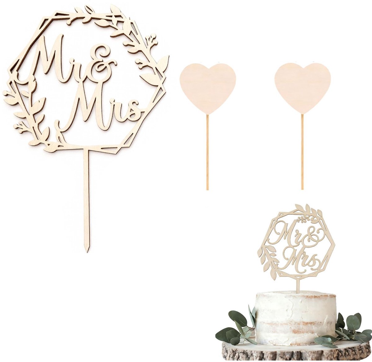 Dailygoods- Cake Topper Set 3 Stuks - Houten Taartdecoratie - Mr & Mrs/Hartvormig - Gepersonaliseerde Taartversiering - Bruiloft/Verloving - Herbruikbaar/Natuurlijk Hout