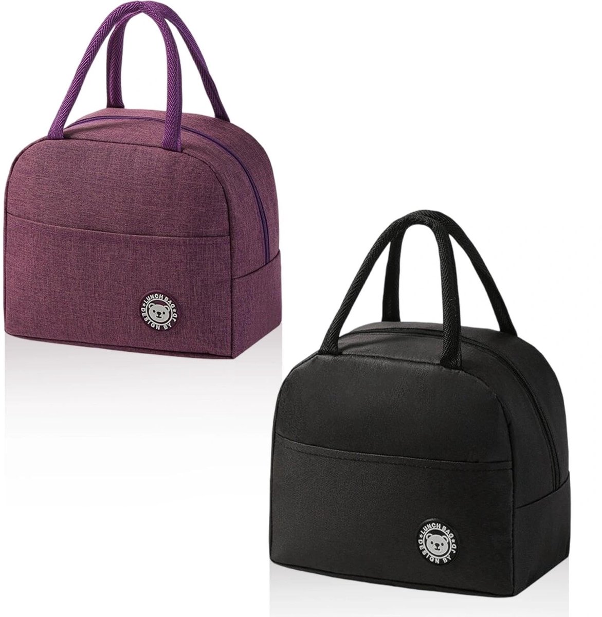 Dailygoods- Lunchtas Set van 2 - Zwarte/Paarse Koeltas - Mini Koeltassen - Geschikt voor Bedrijven/Scholen - Met Zijzakken - Twee Zijhandgrepen