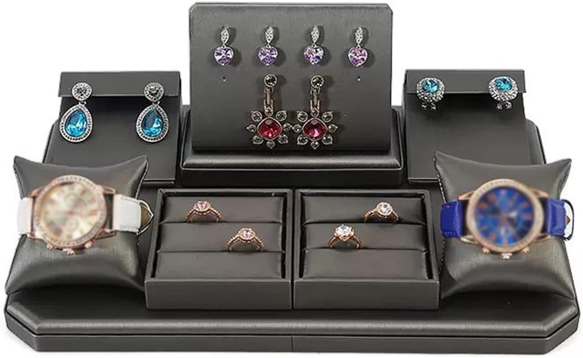 Juweliersstandaard - Sieradenhouder - Sieraden Presenteren - Elegante Synthetische Huid - 8 Delig - Zwart
