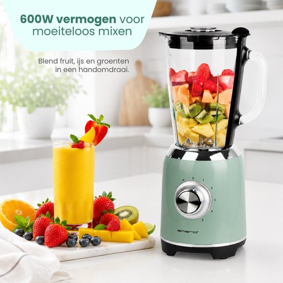 Emerio Retro Blender - 1,75L - Smoothie Maker met Glazen Kan - 5 snelheden - Pulsfunctie - RVS messen - 600W - BL-131620.8 Groen van Emerio — afbeelding 4