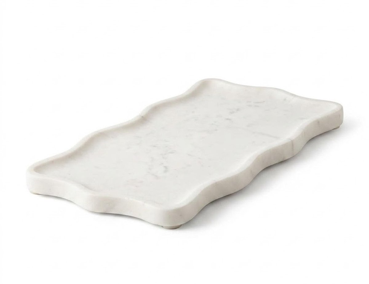PersisCo Wit Golvend Marmeren Dienblad – 35.5 x 18 cm – Luxe Organisch Natuurstenen Plateau & Exclusieve Serveerplank voor Parfum, Sieraden, Kaarsen & Woondecoratie