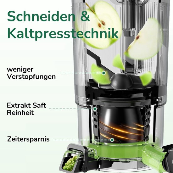 Canoly Slowjuicer 150 mm XXL Vulopening - 3-in-1 Sapcentrifuge voor Sap, Sorbet & Notenmelk - Koud Persen - 2,6L - BPA-vrij - Stille AC Motor - 99,6% Sapopbrengst van Canoly — afbeelding 2