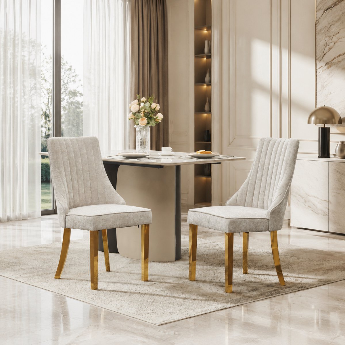 Welltin Eetkamerstoelen - Set Van 2 - Gestoffeerde eetkamerstoel - Eettafelstoel - Eetkamerstoelen - Stof - Met rugleuning - Antislip - Metaal stoelpoten - Modern Design - Beige
