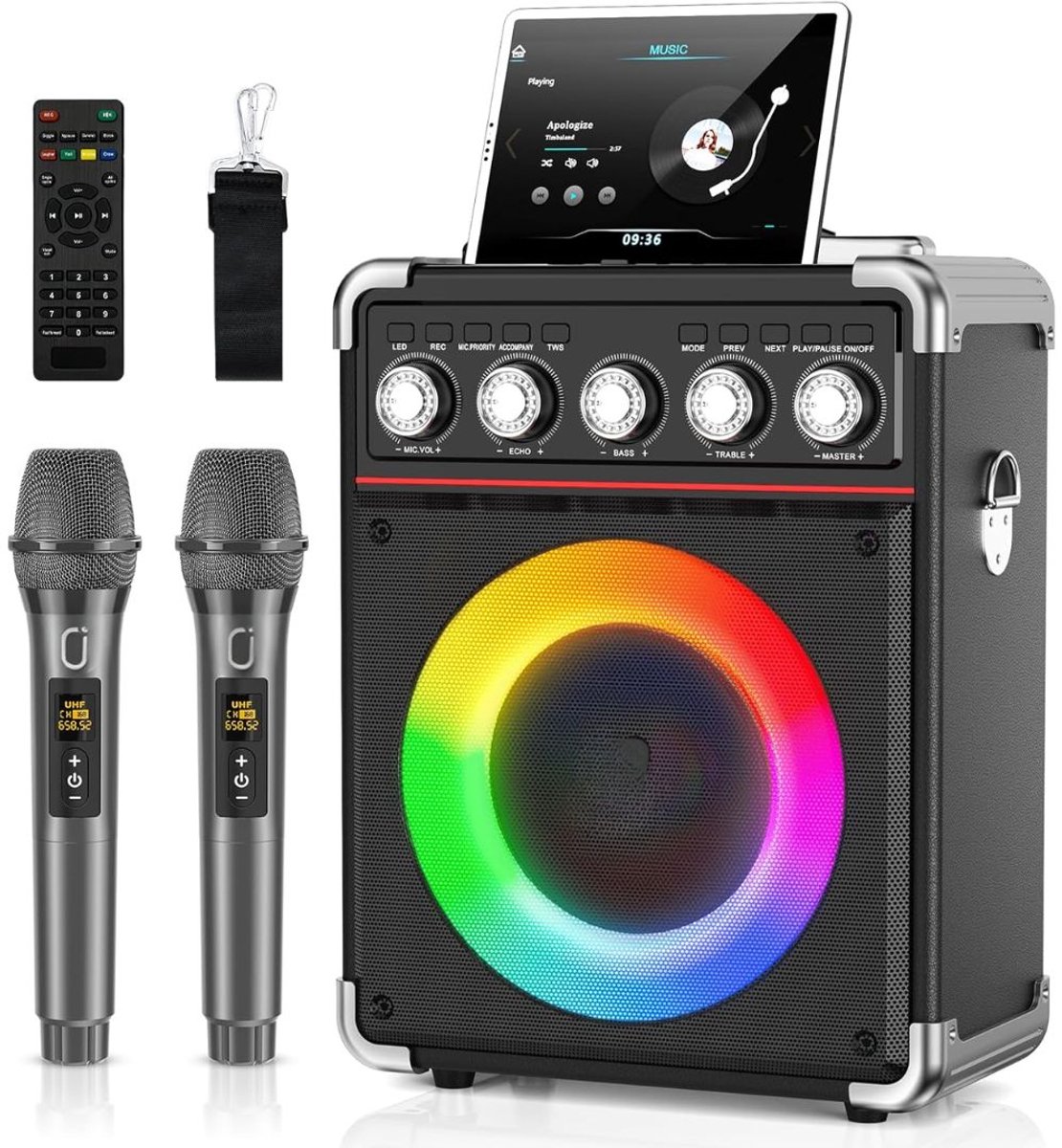 NIVA® Karaokeset - Feestverlichting - Draagbare Bluetooth Speaker met 2 Draadloze Microfoons - Zwart - 9cm x 10cm x 11cm