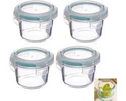 4 stuks - Glazen voedselcontainer - Glazen opbergdoos - Voedselbewaarcontainer - Monstercontainer - Glazen kom - Klein glazen potje - Met deksel - Transparant - 8,2*5,6 cm - Rond - Geschikt voor het bewaren van restjes