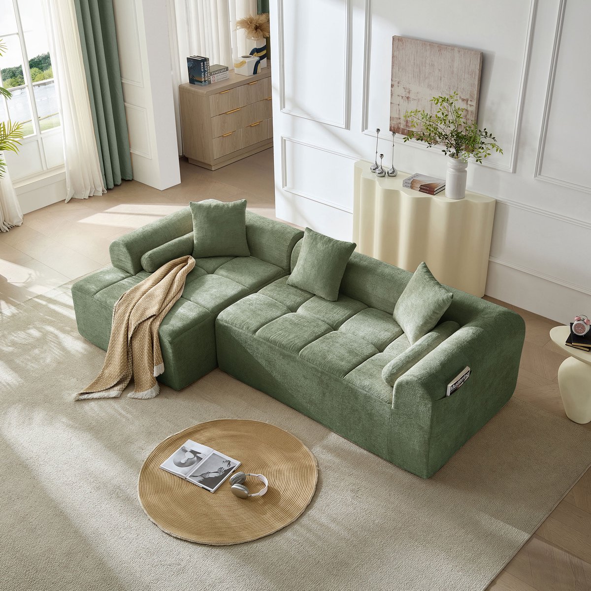 Moderne chenille hoekbank - L-vormige loungebank met chaise longue - Luxe stoffen bank - 2-3 zits woonkamerbank - Groen