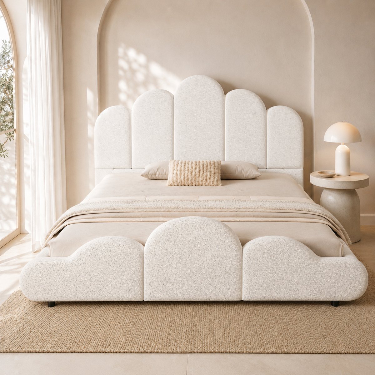 VVBV Kinderbed 140x200 cm - Afgeronde Hoeken, Gestoffeerd Hoofdbord, Met Lattenbodem - Beige, Bouclé