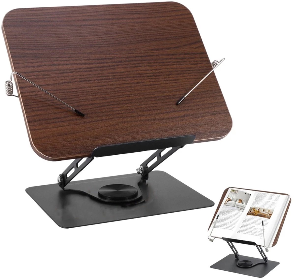 Boekenplank – Verstelbare boekenplank – met 360° draaibare voet – Draaibare leesstandaard – Opvouwbare receptenhouder – Tabletstandaard – Kinderboekenplank – Multifunctionele steunstandaard – Zwart walnoothout