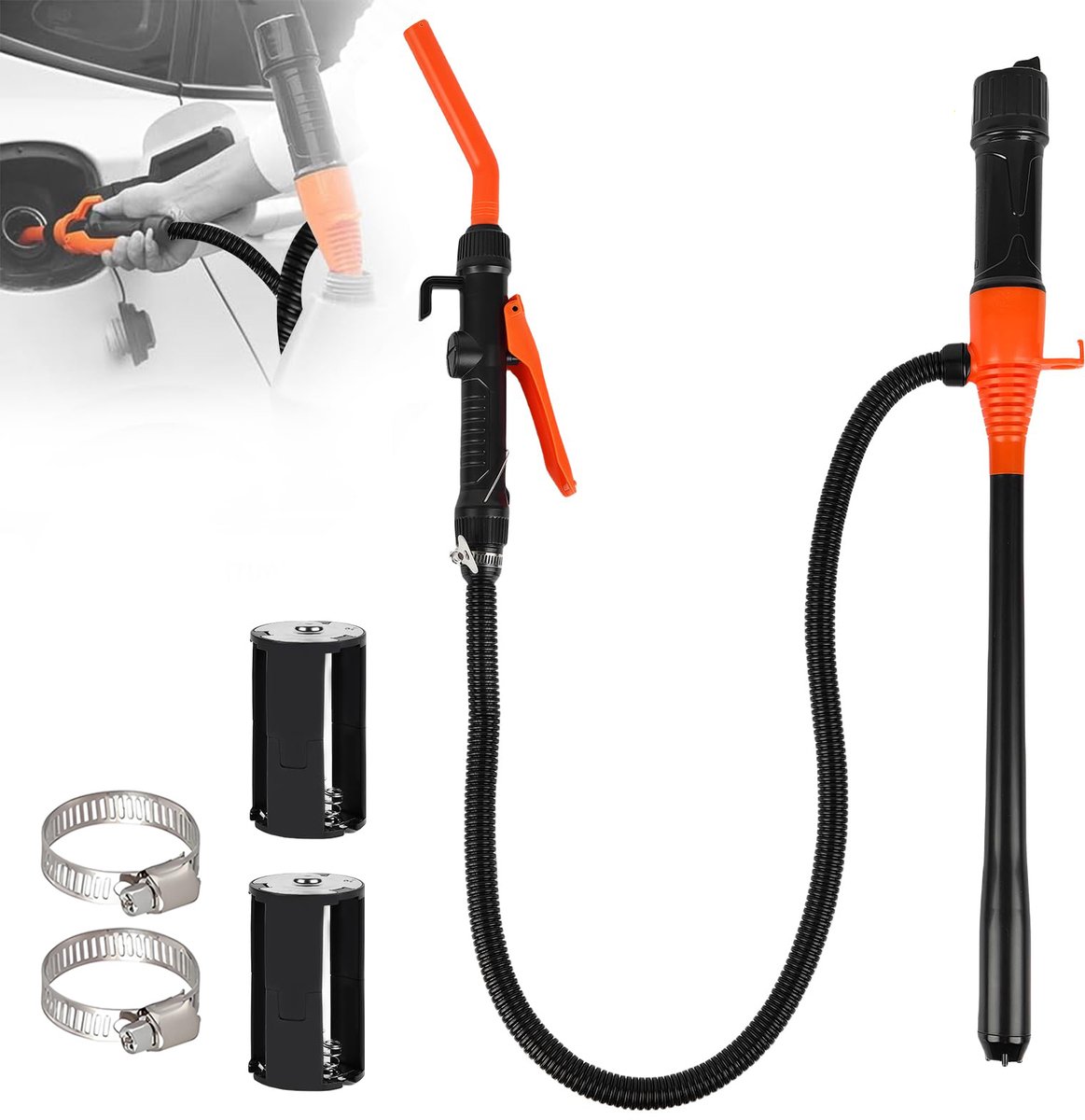 Elektrische transferpomp - Draagbare oliepomp - Zelfrijdende slangtransferpomp - Afneembare waterpomp - 2,4 gallon/minuut - Voor het overpompen van benzine, diesel en water - Oranje