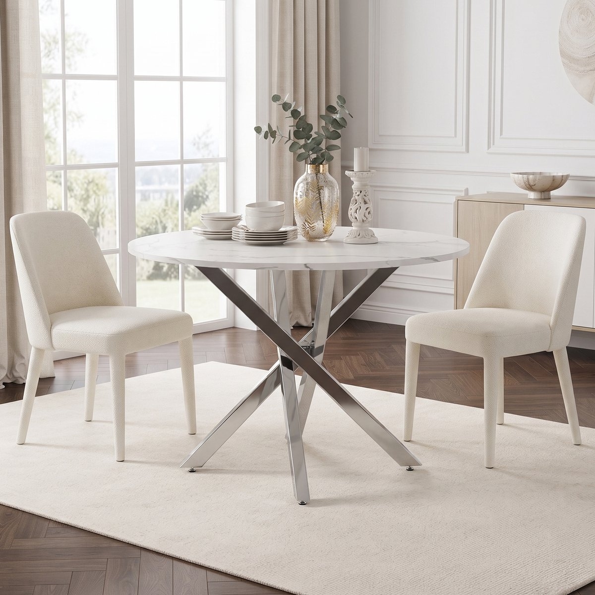 VVBV Eettafel 80x80x75 cm - Rond, Marmerlook - Zilver/Wit, MDF