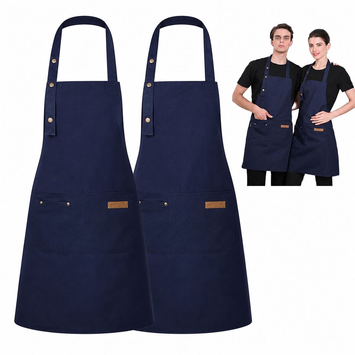 Keukenschort - Set van 2 Kookschorten voor Dames en Heren - Waterafstotend Schort met Zak en Verstelbare Nekband - Keuken, Bakken en Tuin - Blauw