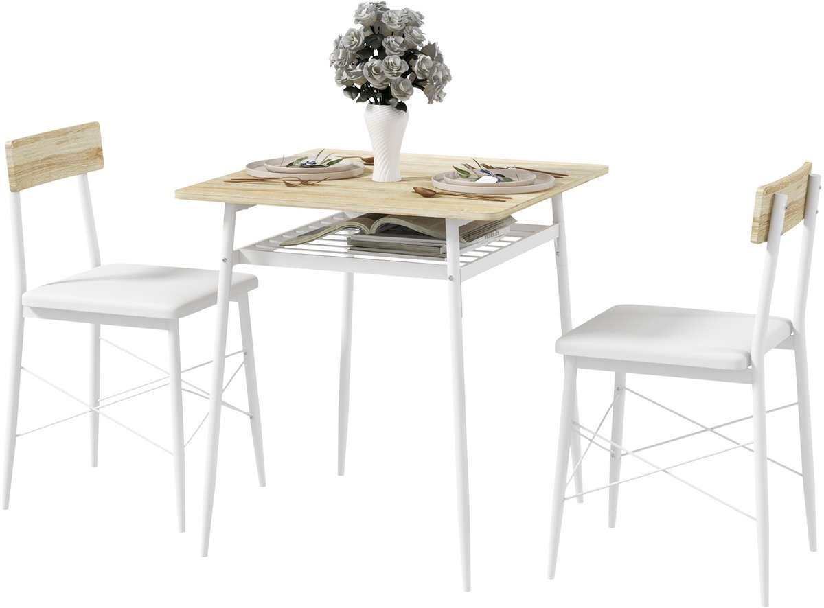 Eettafelset met 2 stoelen, keukentafel met leer, gestoffeerde stoel, onder de tafel, lichte eettafel voor 2 personen, voor kleine ruimtes, appartement, wit