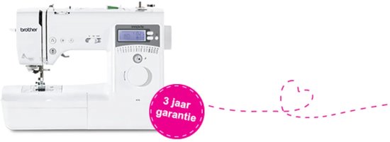 Witte Brother naaimachine met digitaal scherm en roze cirkel met '3 jaar garantie'.