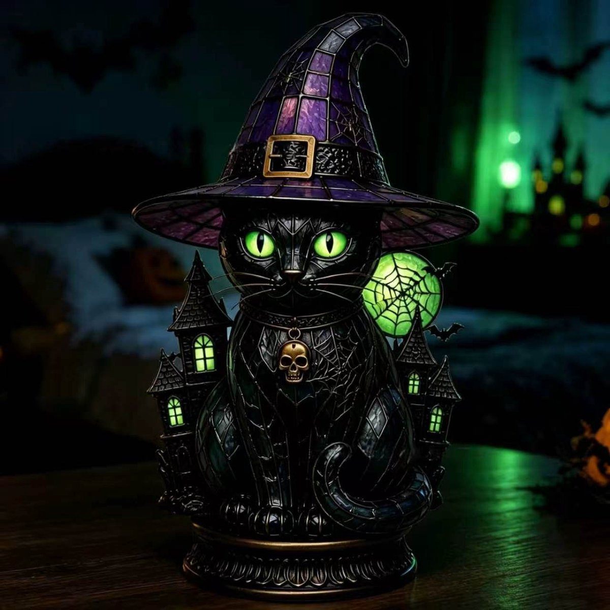 Casalora® Halloween Heksenhoed Lamp – Gotische Hars Decoratie met LED Licht – Magische Nachtlamp voor Tafel, Woonkamer & Feestdecoratie – Groene Ogen - Kat