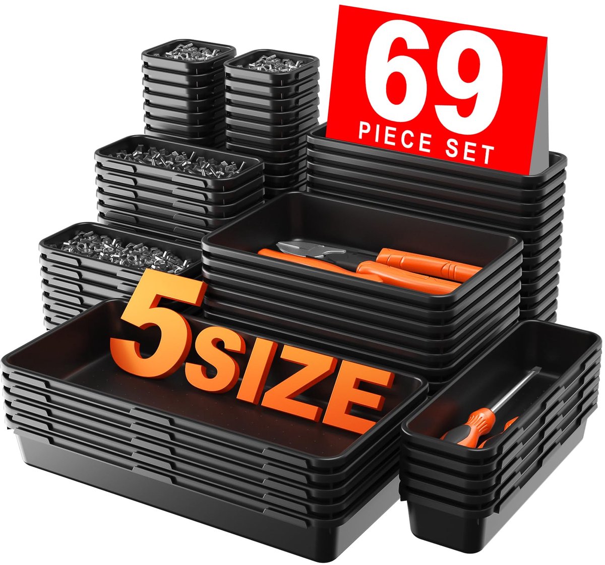 69 Delige Sorteerdoos Set - Gereedschap Organizer met 5 Maten Opbergbakken - Lade Organisatiesysteem voor Werkplaats, Garage & Huishouden - Modulaire Tool Storage voor Schroeven, Accessoires, Keuken, Badkamer & Kleine Onderdelen