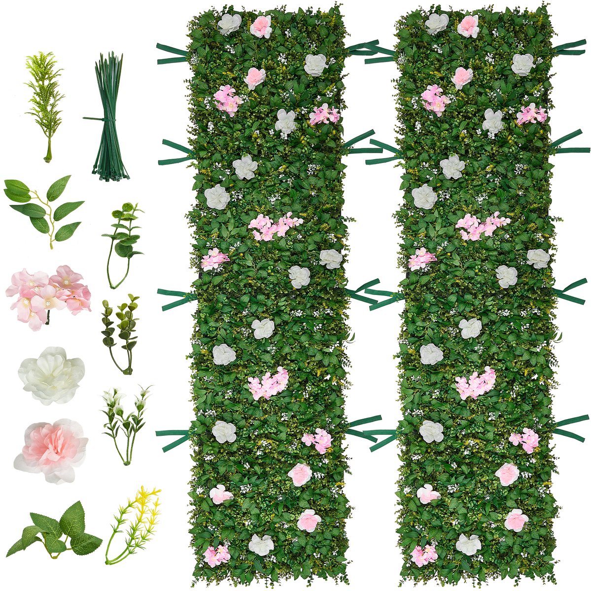 Kunsthaag 2,4 m x 61 cm 2 Stuks, Plantenwand, Pe Privacyscherm, Privacyhek met Zijden Bloemen, Heg, Kunstplanten Balkonbekleding voor Bruiloften, Tuinen en Achtertuinen