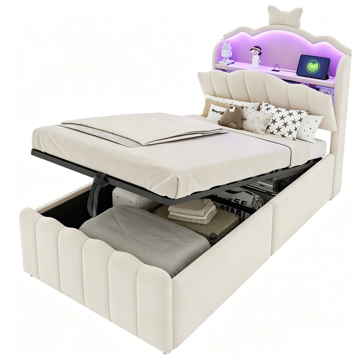 Merax Gestoffeerd Kinderbed 90 x 200 cm - Beige - Fluweel - Bed Met Opbergruimte - LED Verlichting - USB En USB-C - Hydraulisch Systeem