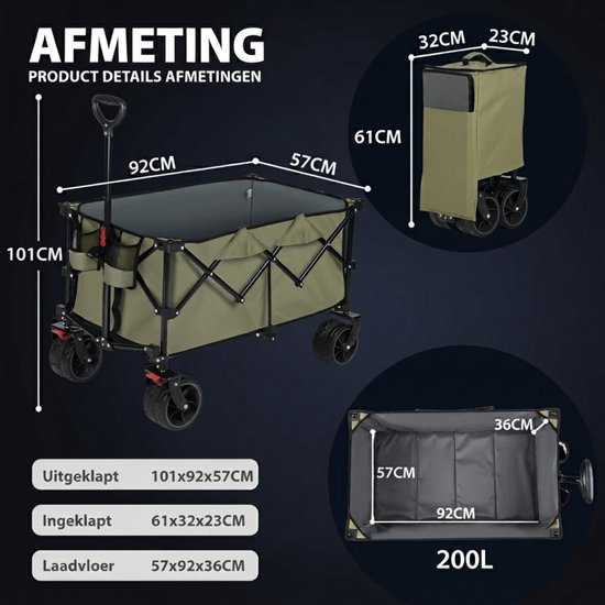 Lìon® Bolderkar - Opvouwbare Wagen Met Remmen - 150kg Laadvermogen - Groen - 92cm x 57cm x 97cm van Lion — afbeelding 2