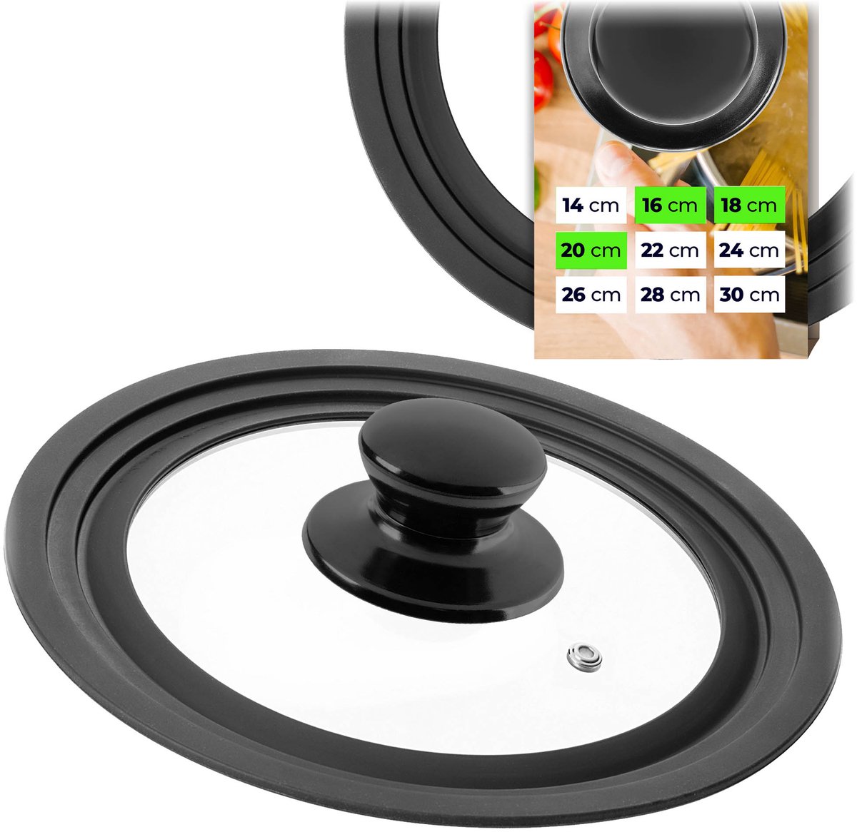 KADAX universele deksel 16/18/20 cm, universele deksel voor potten en pannen, pannendeksel, glazen deksel met siliconenrand en stoomopening, potdeksel (glanzend zwart)