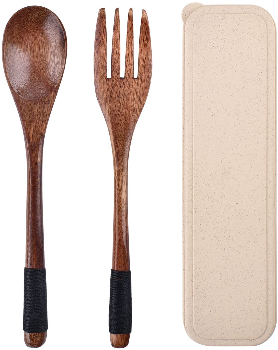 Solidchoice - Houten Bestekset met Lepel en Vork voor Reizen