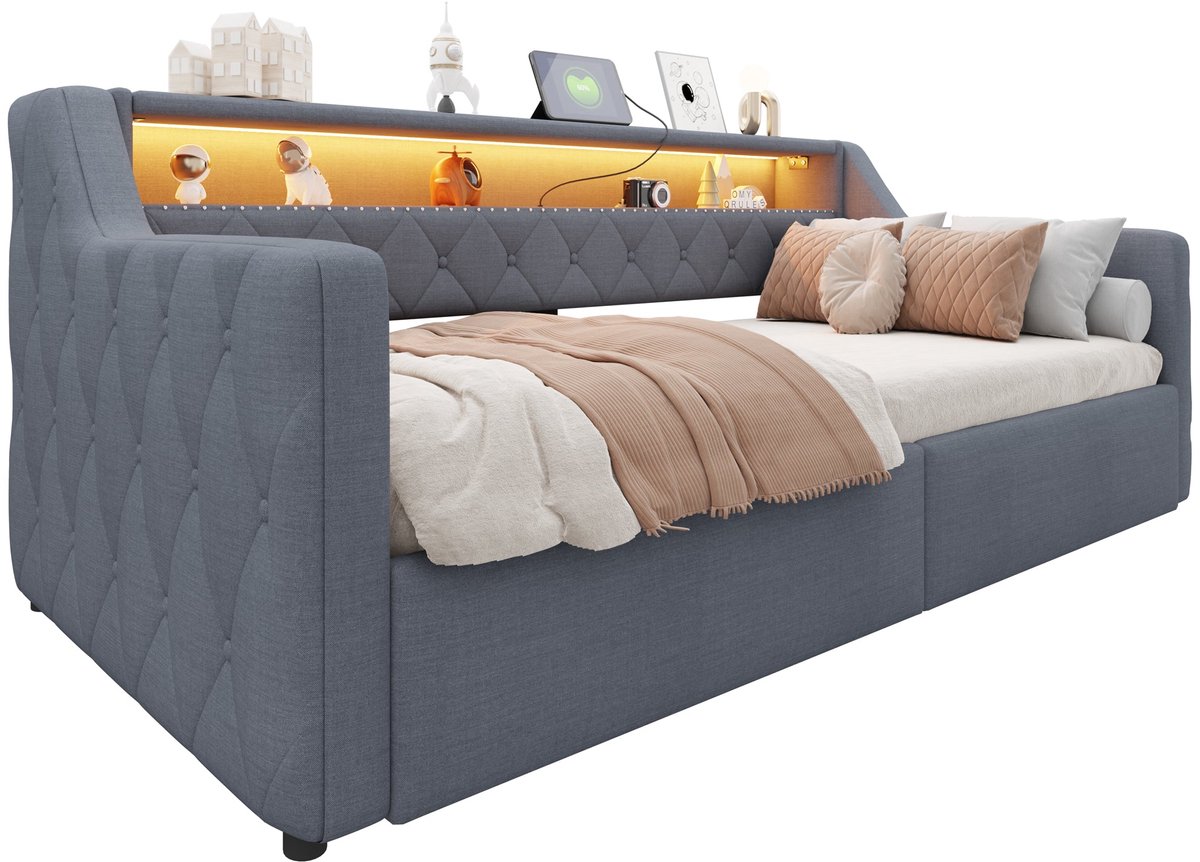 Merax Slaapbank 90 x 200 cm - Bed Met Opbergruimte - Hydraulisch Hefmechanisme - LED Verlichting - USB en USB-C - Linnen - Grijs